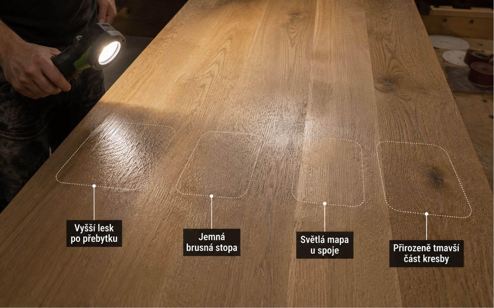 Kontrola nerovnoměrných map na dubu šikmým světlem.